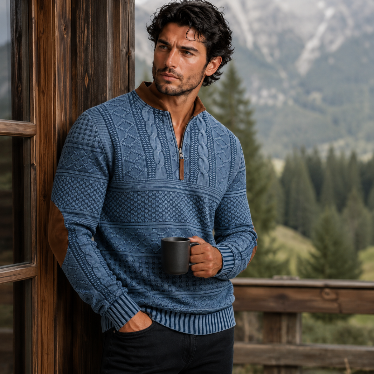 Men's blue patterned half-zip sweater with elbow patches, ribbed cuffs and zip placket