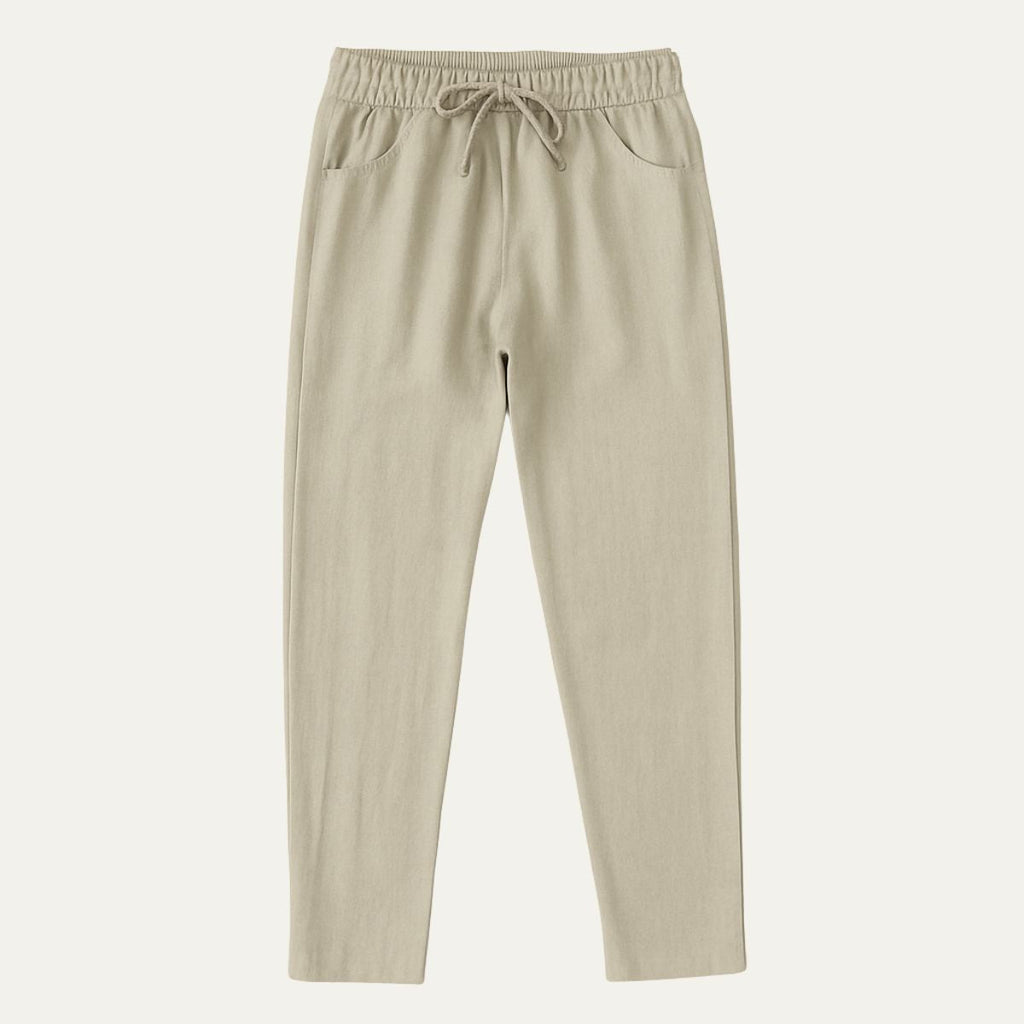 Khaki cotton jogger pants with elastic waist, drawstring tie, and cuffed hems