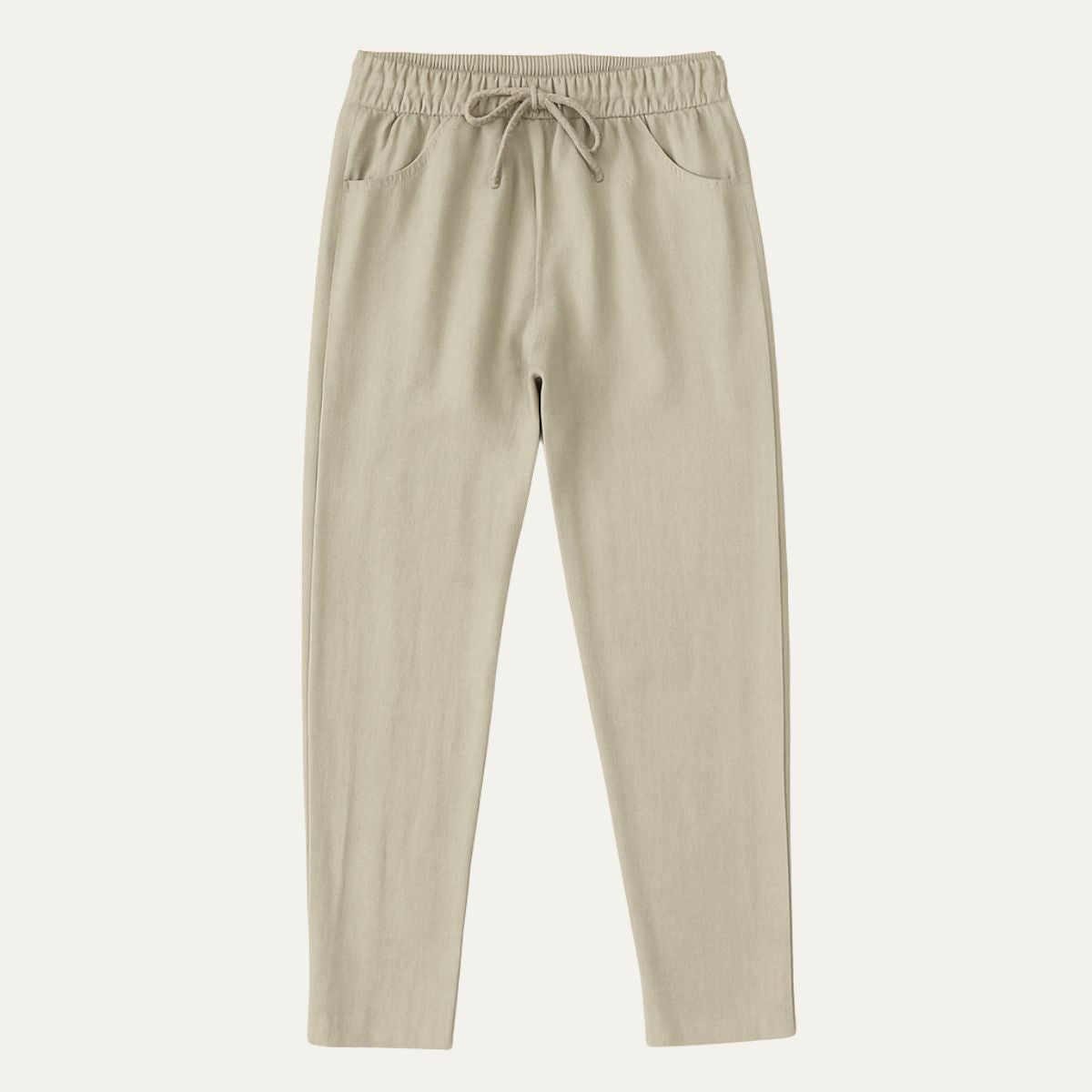 Khaki cotton jogger pants with elastic waist, drawstring tie, and cuffed hems