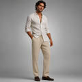 Men's khaki linen loose-fit pants with elastic waist and drawstring