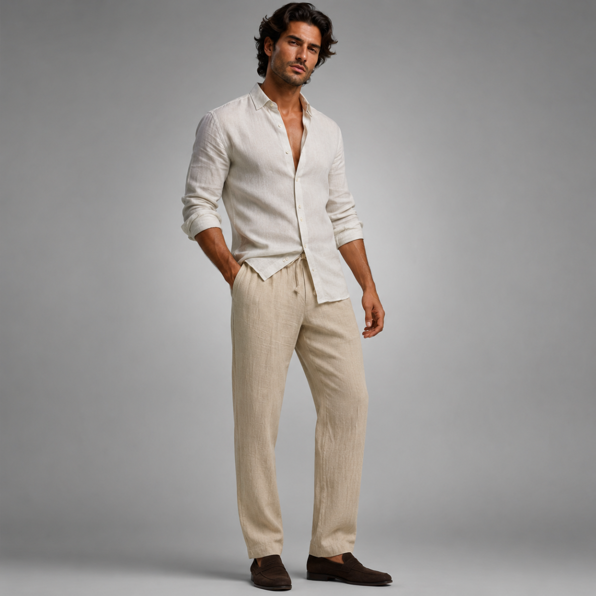 Men's khaki linen loose-fit pants with elastic waist and drawstring