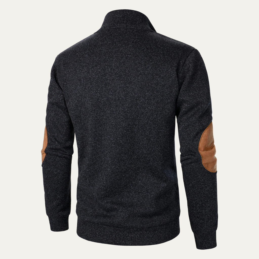 Men's black fleece stand-collar sweater, rear view, with tan suede elbow patches