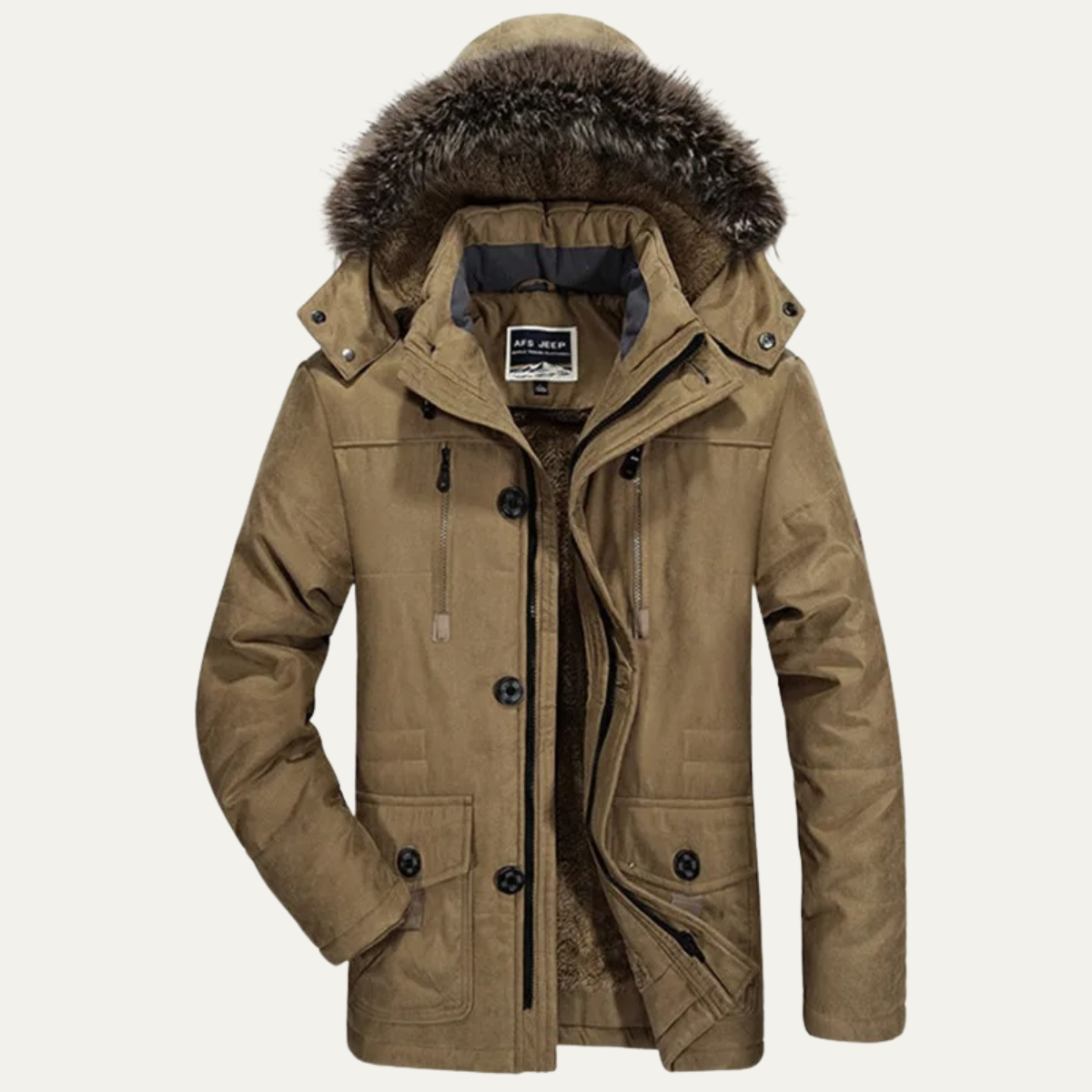 Men's khaki puffer jacket with fur-trim hood, front zip and snap pockets