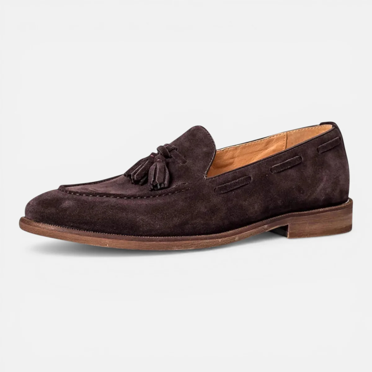 Men's faux leather tassel loafer in dark brown, suede-like finish with tassels