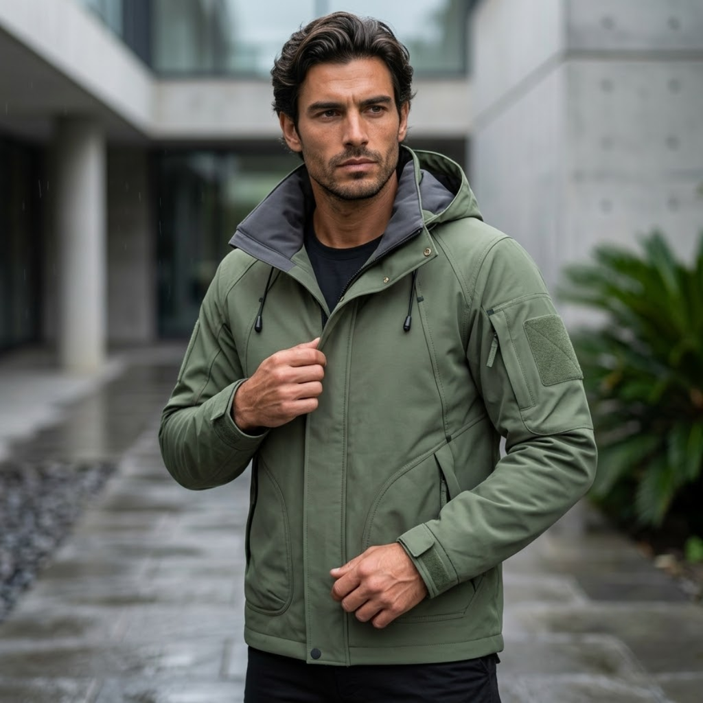Army green waterproof rain jacket with hood, zip front, drawstring cords, sleeve pocket