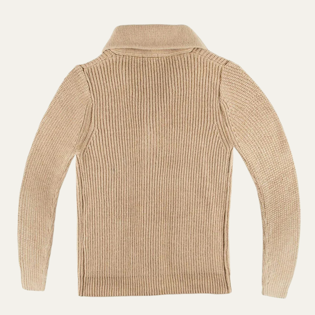 Khaki men's knit wool cardigan back view, ribbed hem and raised collar