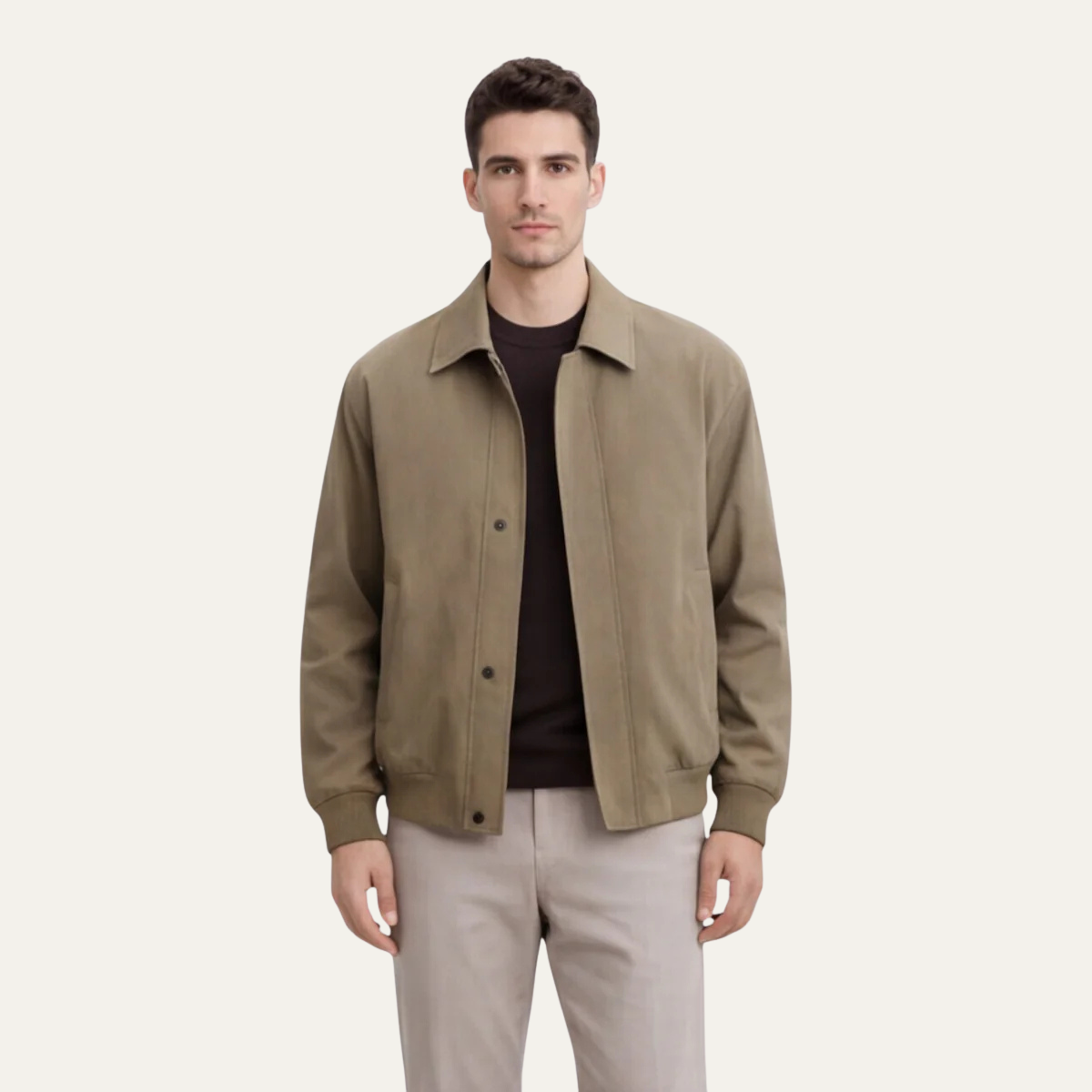 Men's khaki lightweight button jacket with point collar and ribbed cuffs