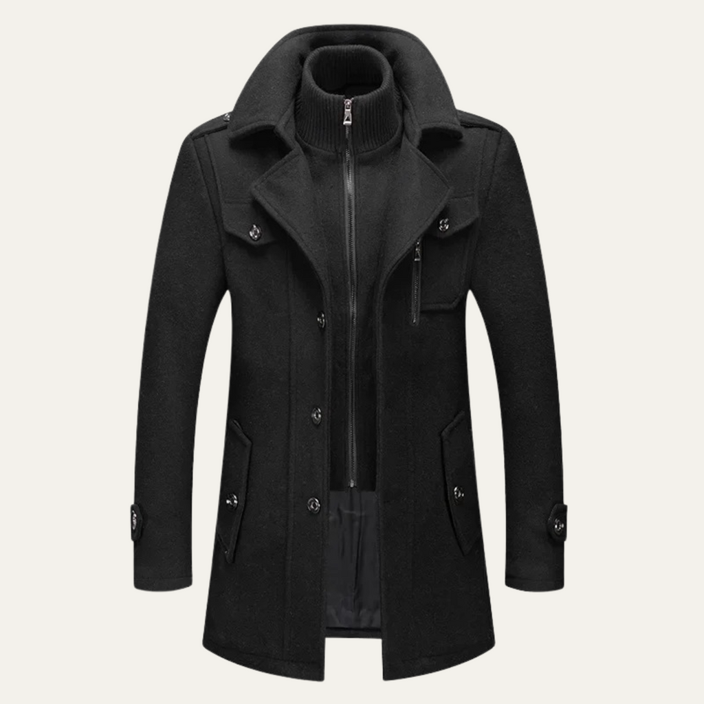 Men's wool-blend coat in dark gray, stand collar, front zipper, flap pockets, button details