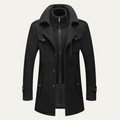 Men's wool-blend coat in dark gray, stand collar, front zipper, flap pockets, button details