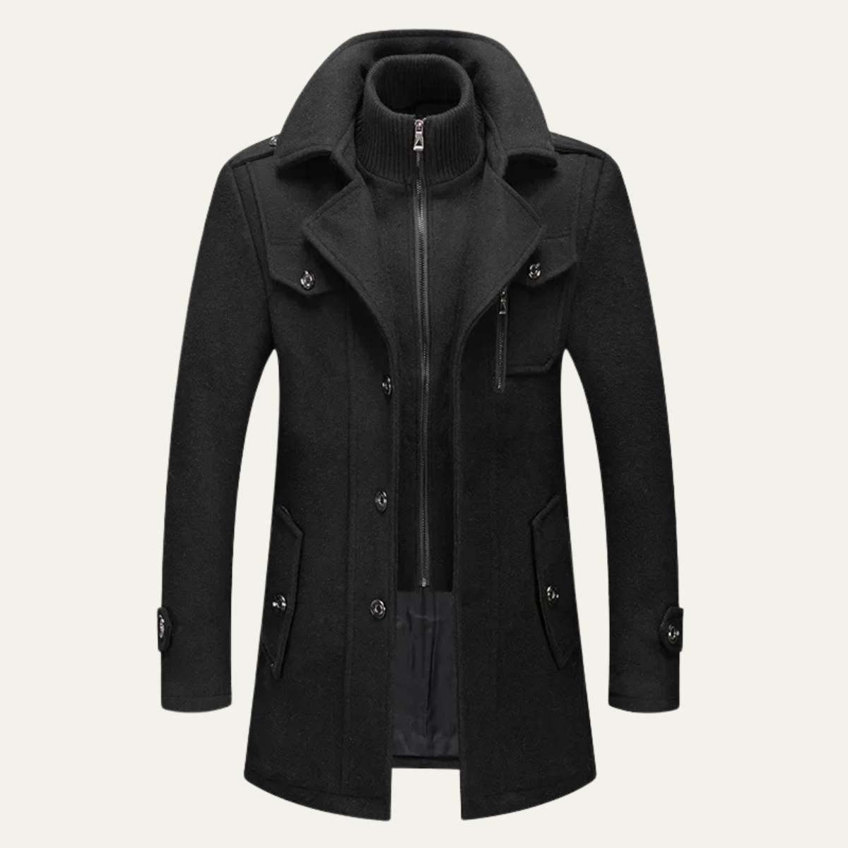 Men's wool-blend coat in dark gray, stand collar, front zipper, flap pockets, button details