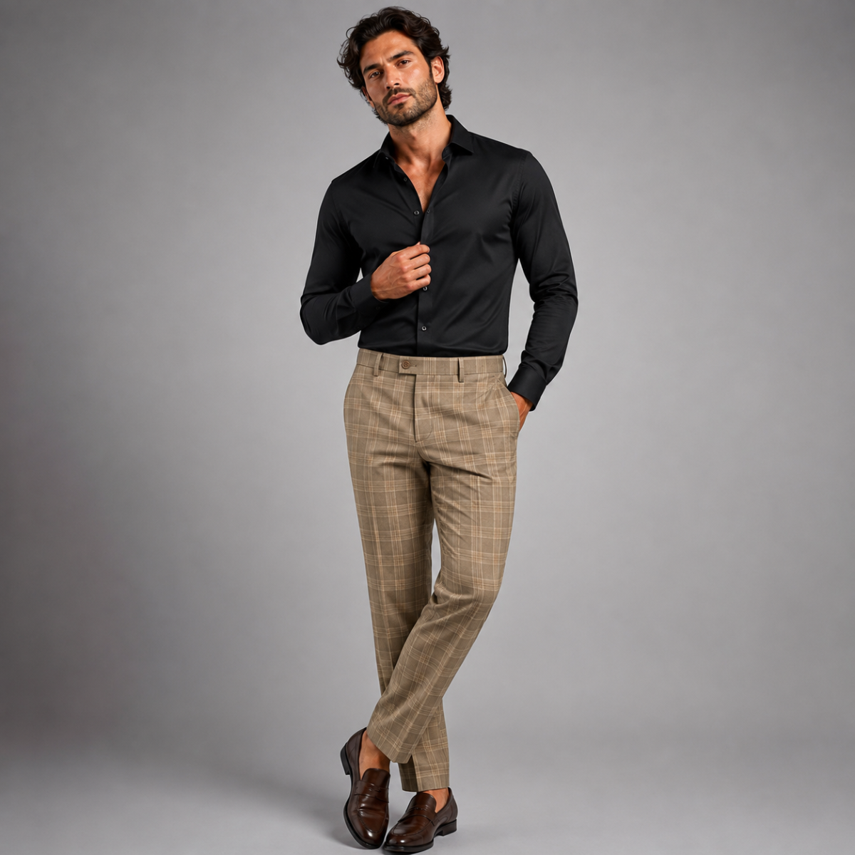 Men's slim-fit checked pants in khaki plaid, worn straight through the leg