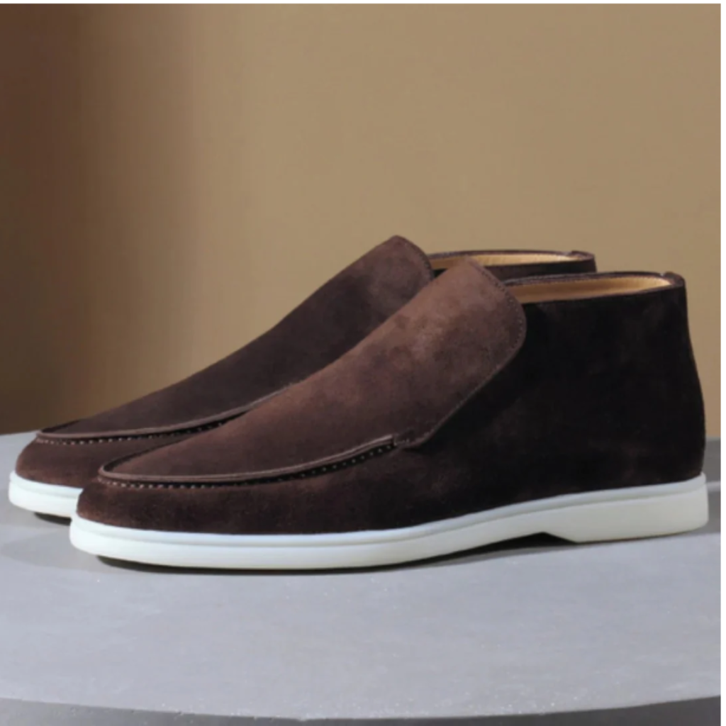 Men's dark-brown suede slip-on loafers with side gore and white rubber sole.