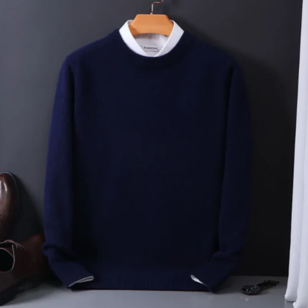 Men’s cashmere crew neck sweater on hanger, long sleeves, dark navy blue knit