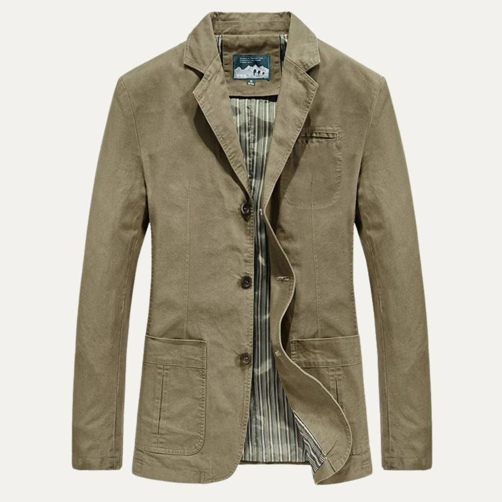 Men's lightweight jacket in khaki with notch lapels, button front, and chest pockets