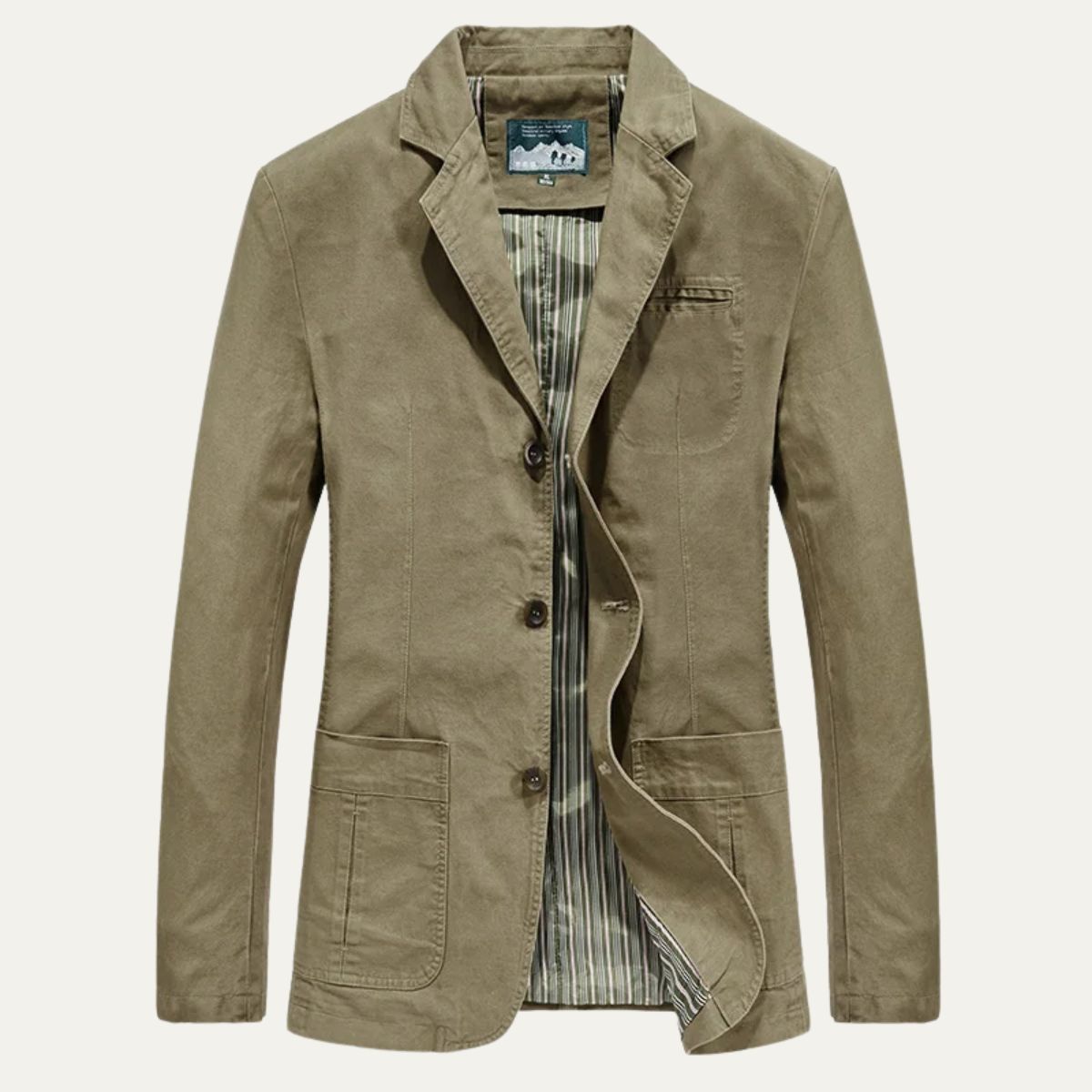 Men's lightweight jacket in khaki with notch lapels, button front, and chest pockets