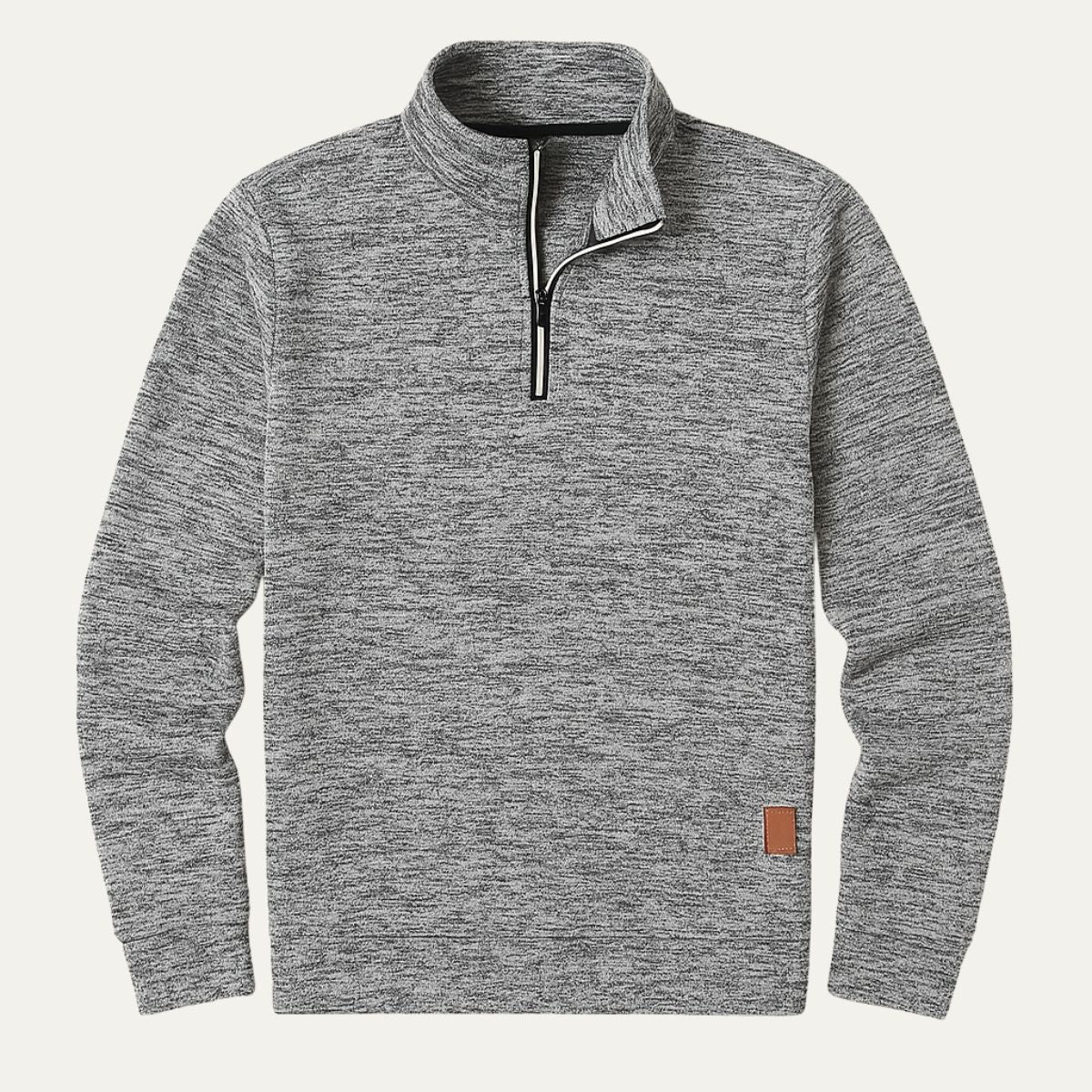 Men's heather gray half-zip fleece pullover with stand collar and long sleeves