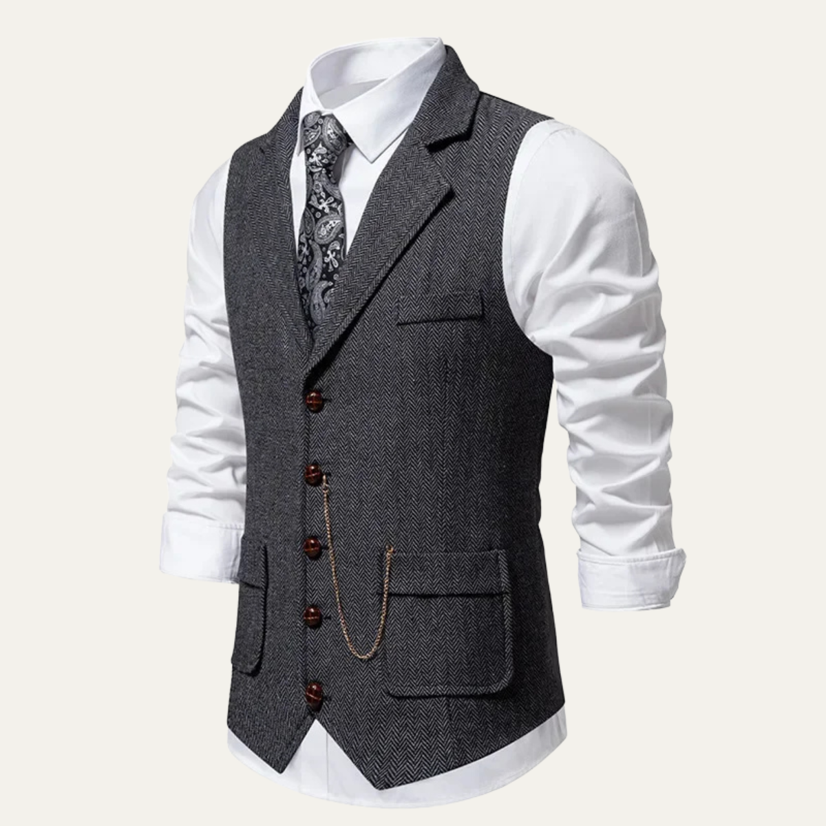 Men's dark gray tweed suit gilet with front buttons and flap pockets