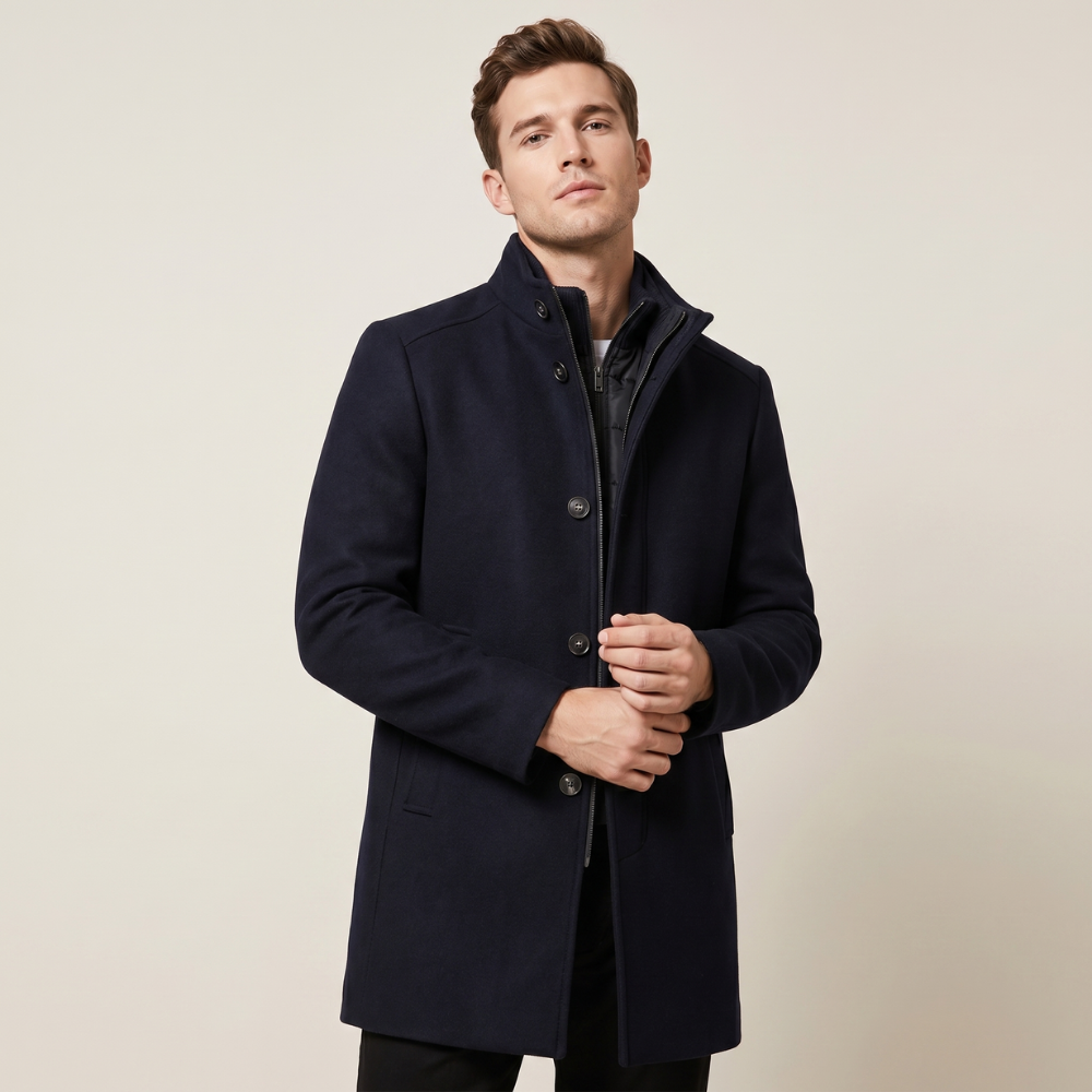Navy wool overcoat with button front and stand collar, side view