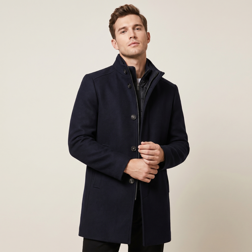 Navy wool overcoat with button front and stand collar, side view