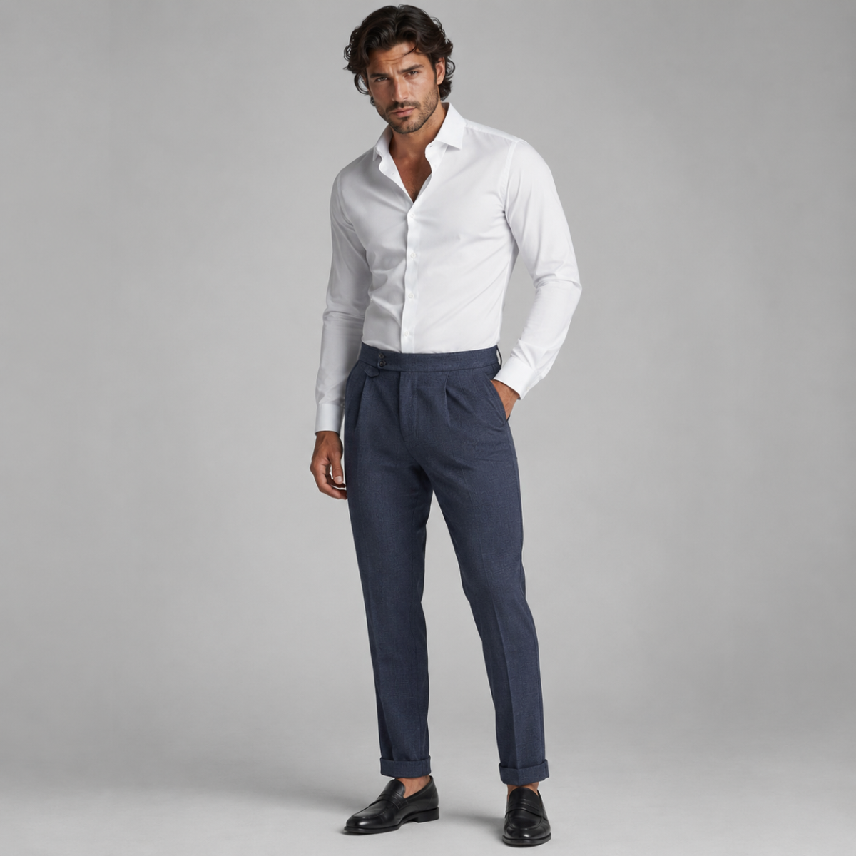 Men's tailored high-waisted pleated dress pants in blue