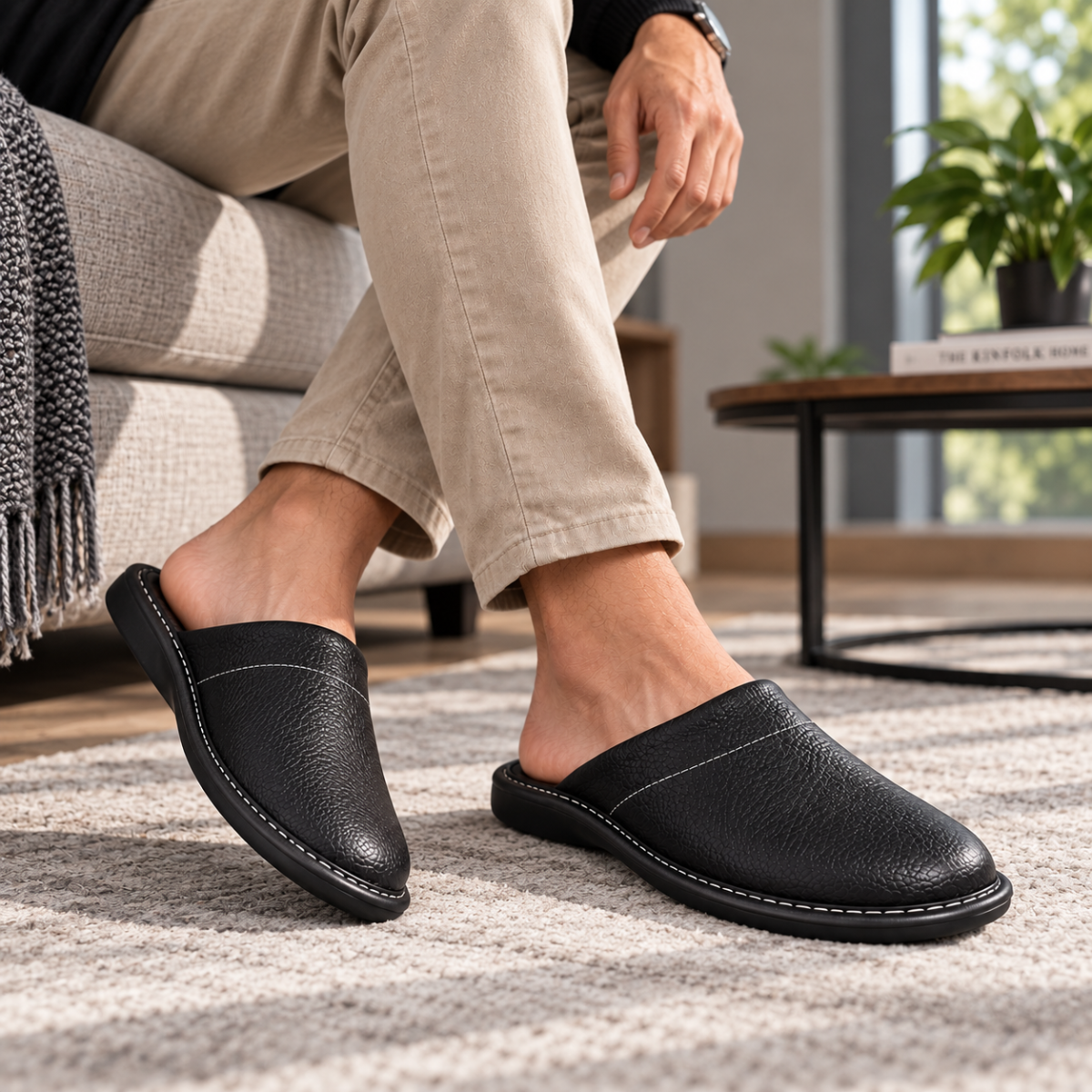 Men's black leather slip-on clog house shoes with contrast stitch detail