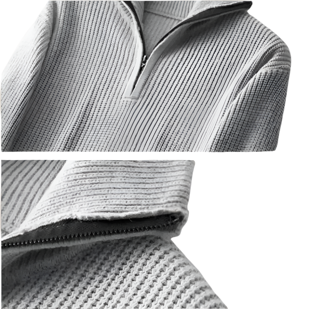 Light gray merino quarter-zip sweater detail: zip placket and ribbed knit