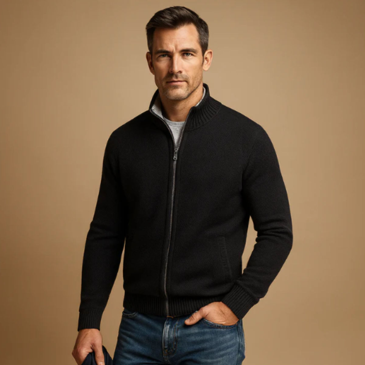 Black men's knitted zip cardigan with stand collar, ribbed hem, and side pockets