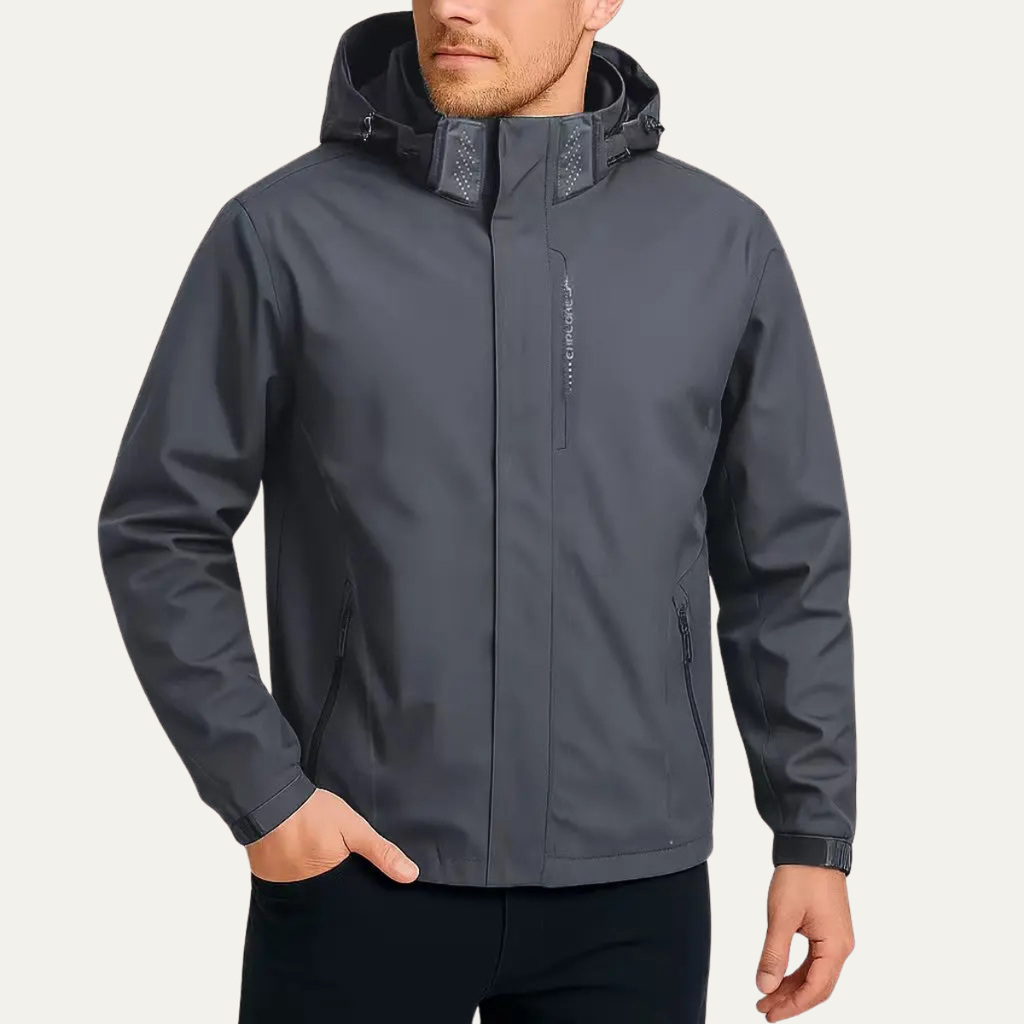 Gray hooded waterproof rain jacket with full front zipper and zip side pockets