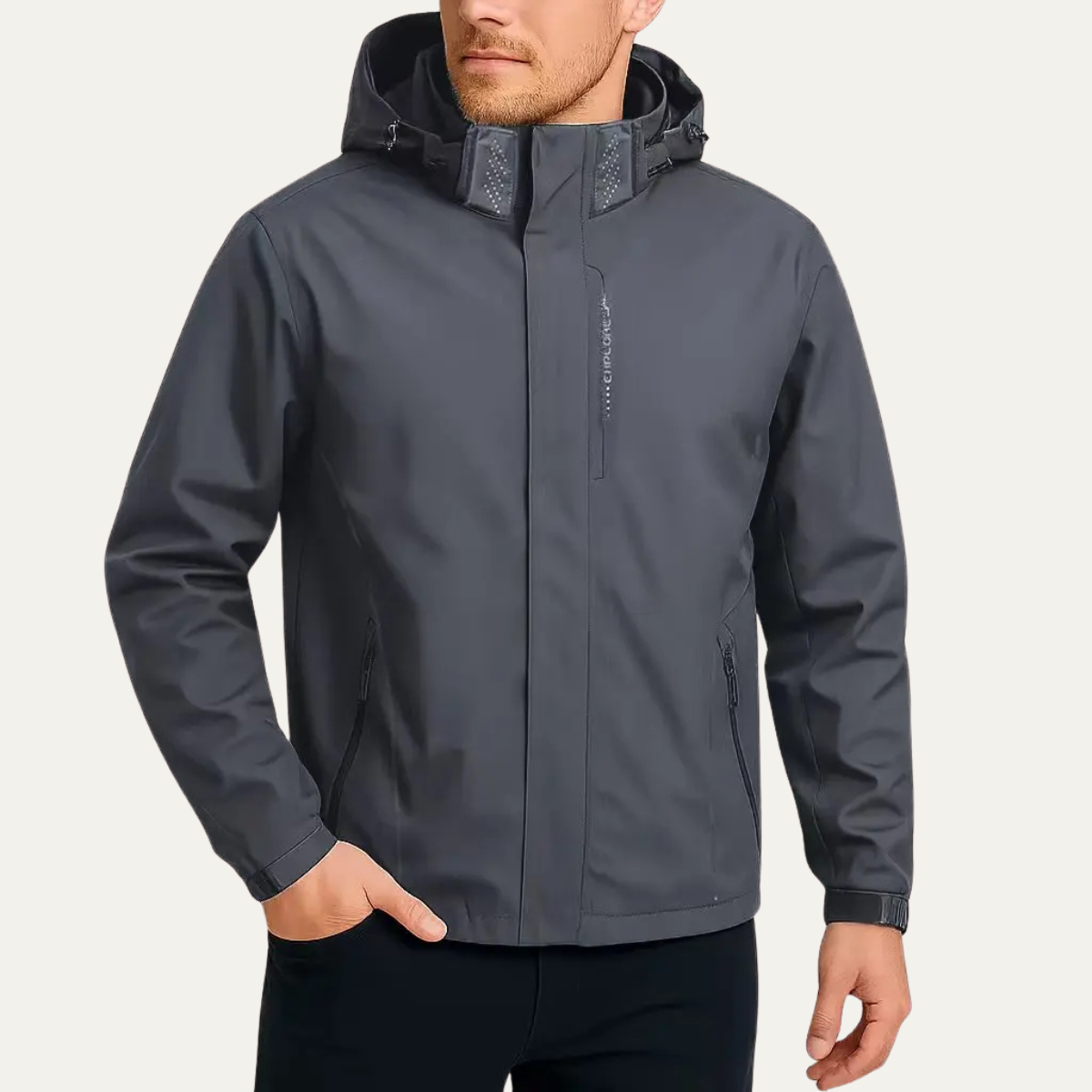 Gray hooded waterproof rain jacket with full front zipper and zip side pockets