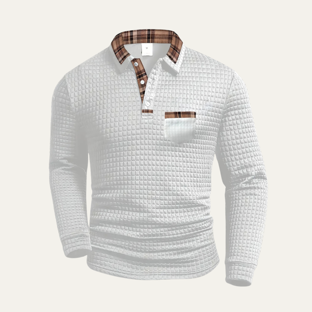 White waffle-knit polo sweater with plaid collar, button placket, and chest pocket