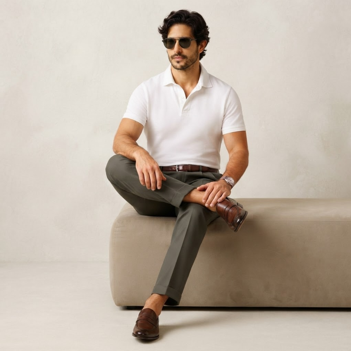Men's double-pleated high-waist straight-leg pants in gray green on model