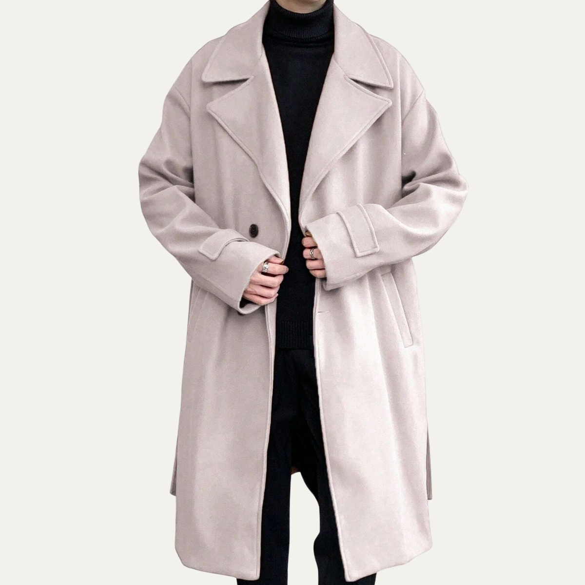 Light beige long overcoat with notched lapels and front button closure