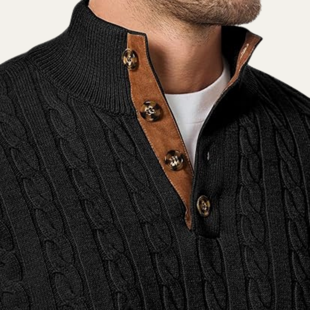 Black cable-knit sweater collar with brown leather placket and round metal buttons