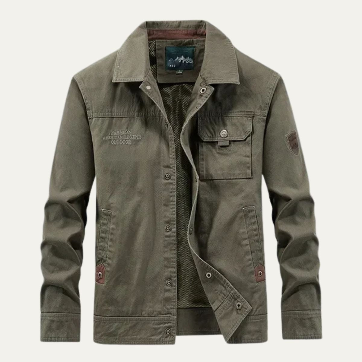 Dark green men’s utility jacket with button front, flap chest pocket, and side utility pockets