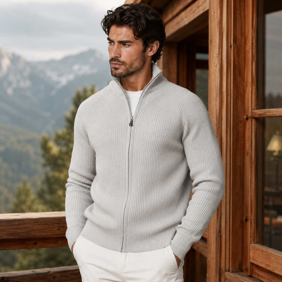 Men's light gray merino wool zip-up cardigan on model with center zipper and ribbed cuffs.