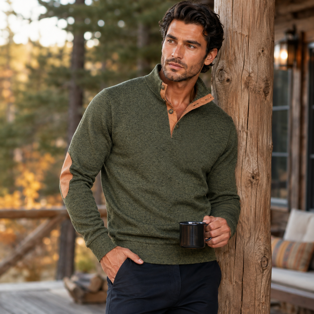 Men's olive stand-collar fleece sweater with tan suede elbow patches