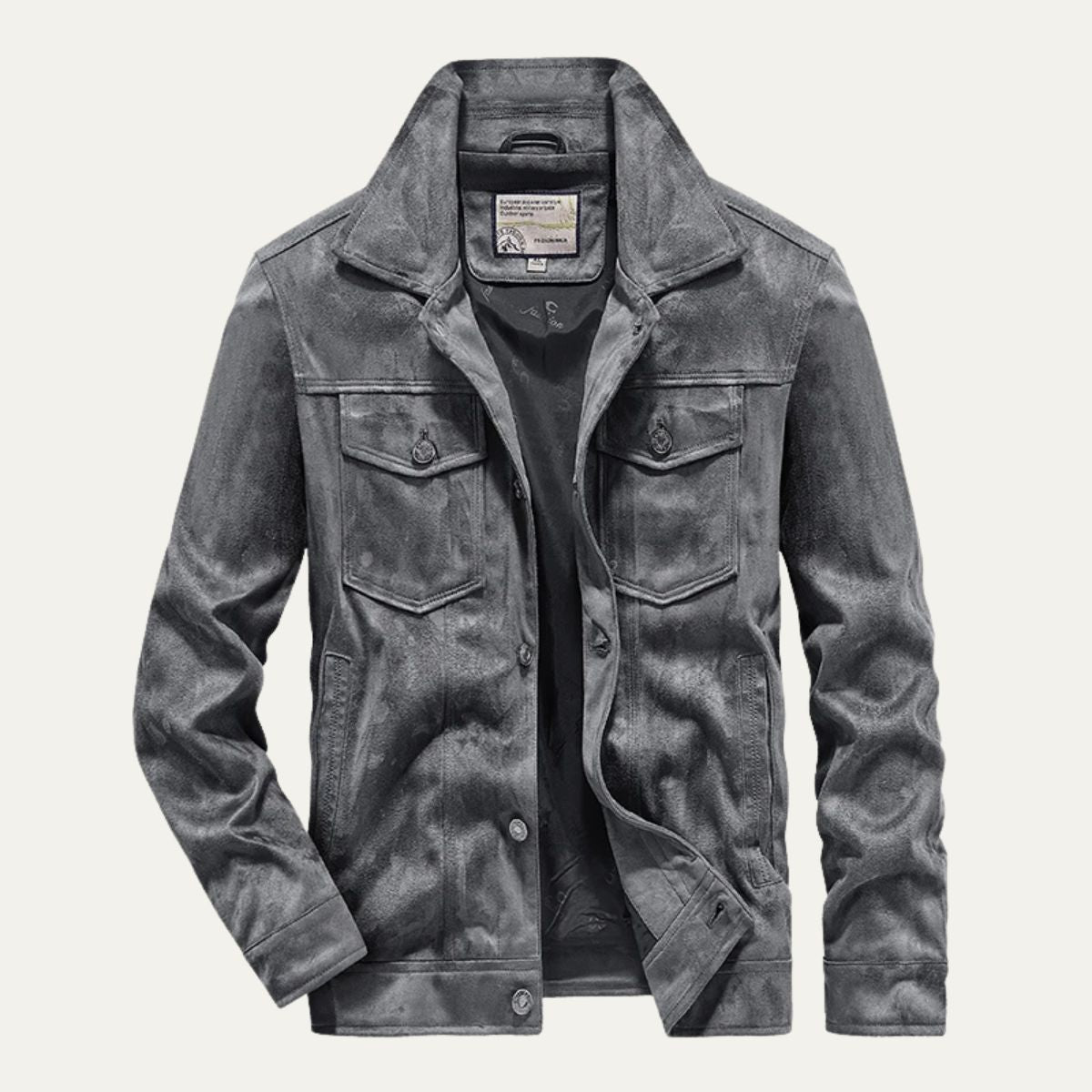 Men's suede cargo jacket, gray, chest flap pockets, button-front