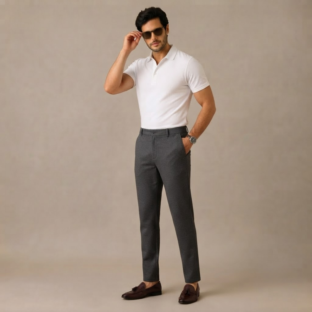 Men's slim-fit casual business dress pants, dark gray with belt loops and tapered fit