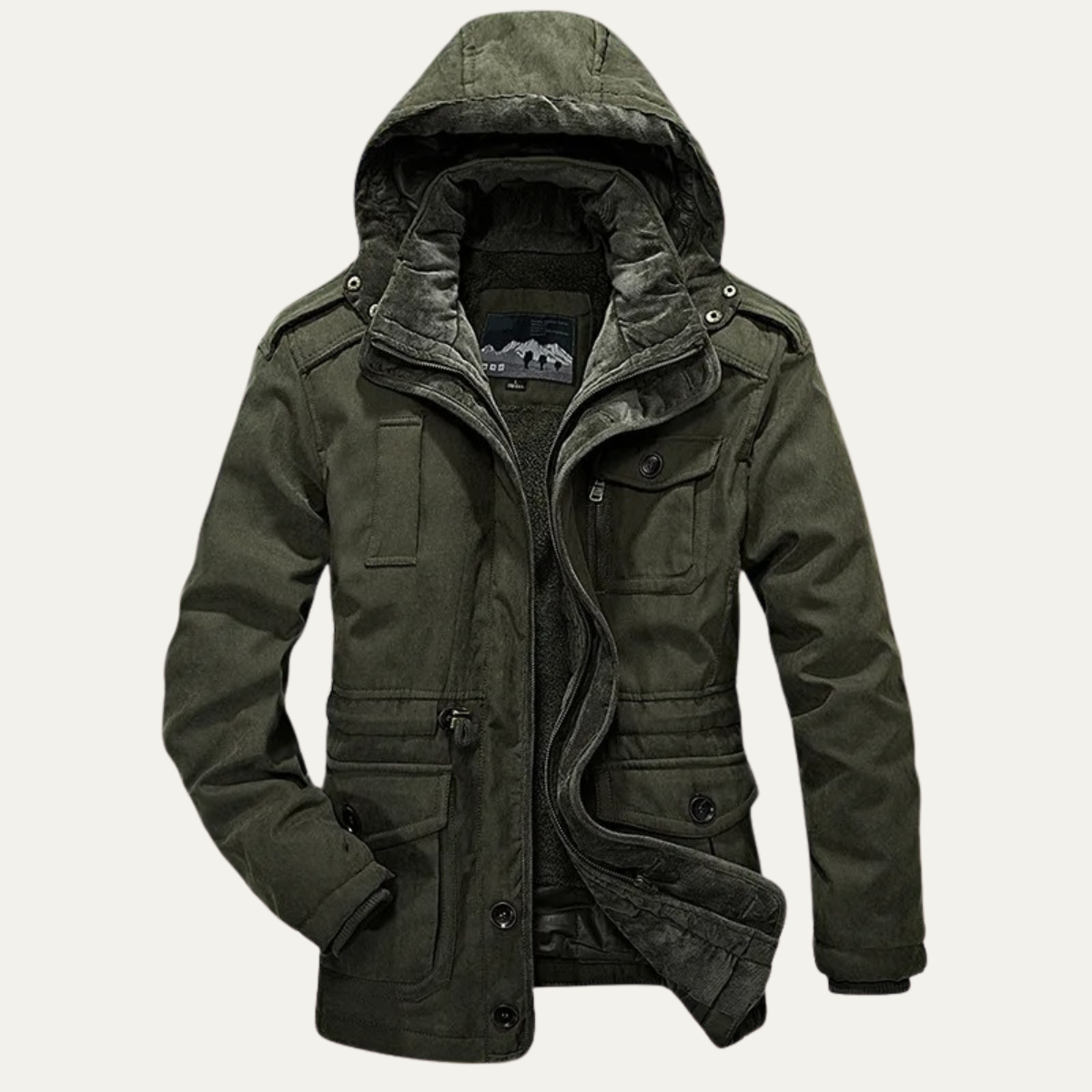 Men's insulated hooded parka jacket, dark green with faux-fur hood lining and utility pockets