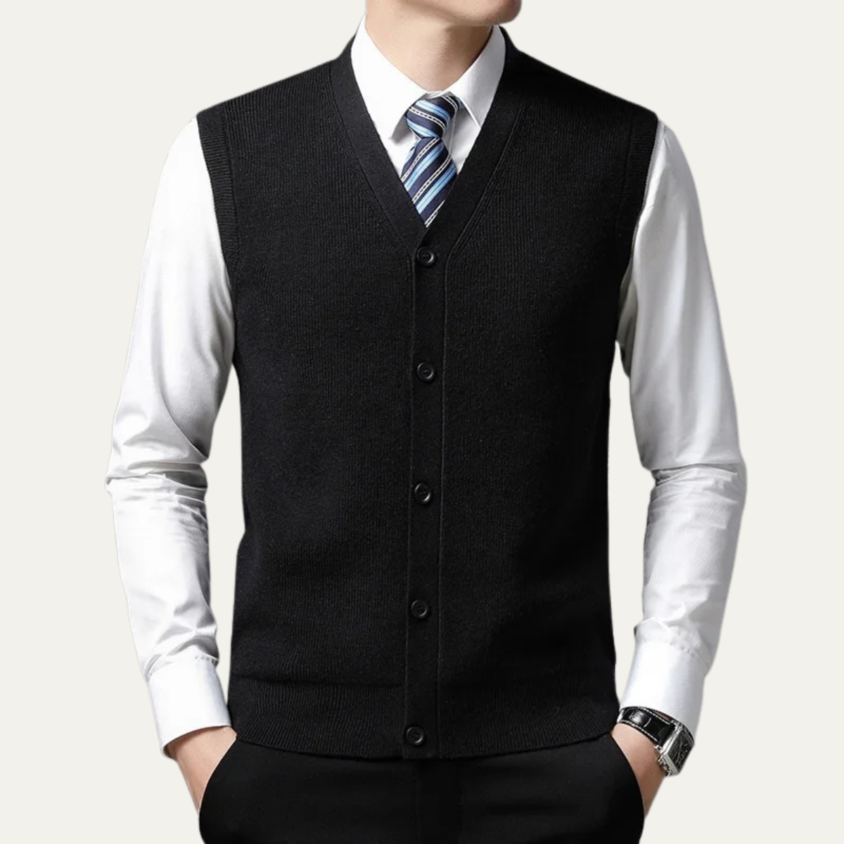 Men's black V-neck sweater vest with button front and ribbed hem