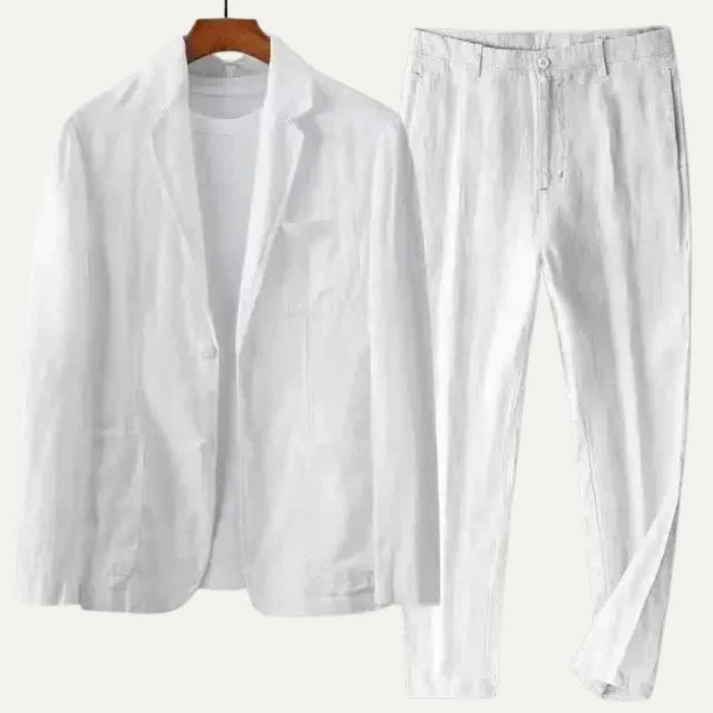 Men's cotton-linen two-piece suit set, white blazer with matching drawstring pants