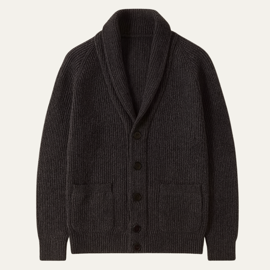 Men's warm knitted cardigan, black, turn-down collar, button front, patch pockets