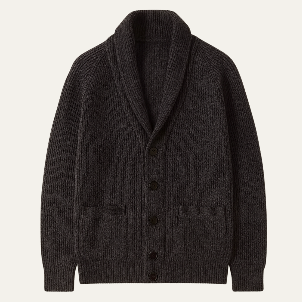 Men's warm knitted cardigan, black, turn-down collar, button front, patch pockets