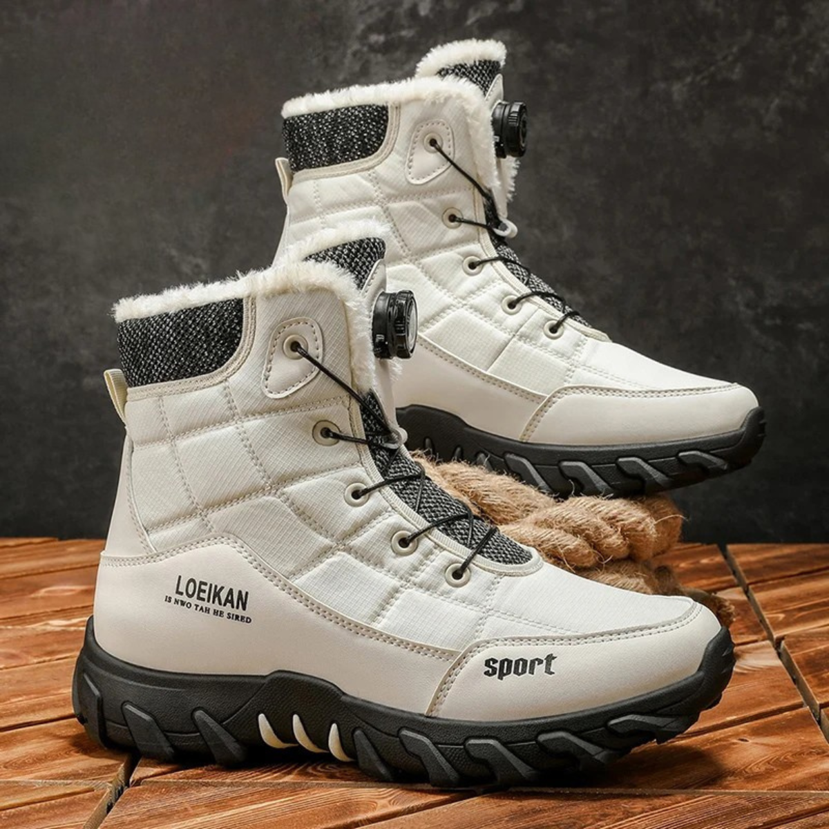 Men's white plush-lined snow boots with lace-up and thick tread sole