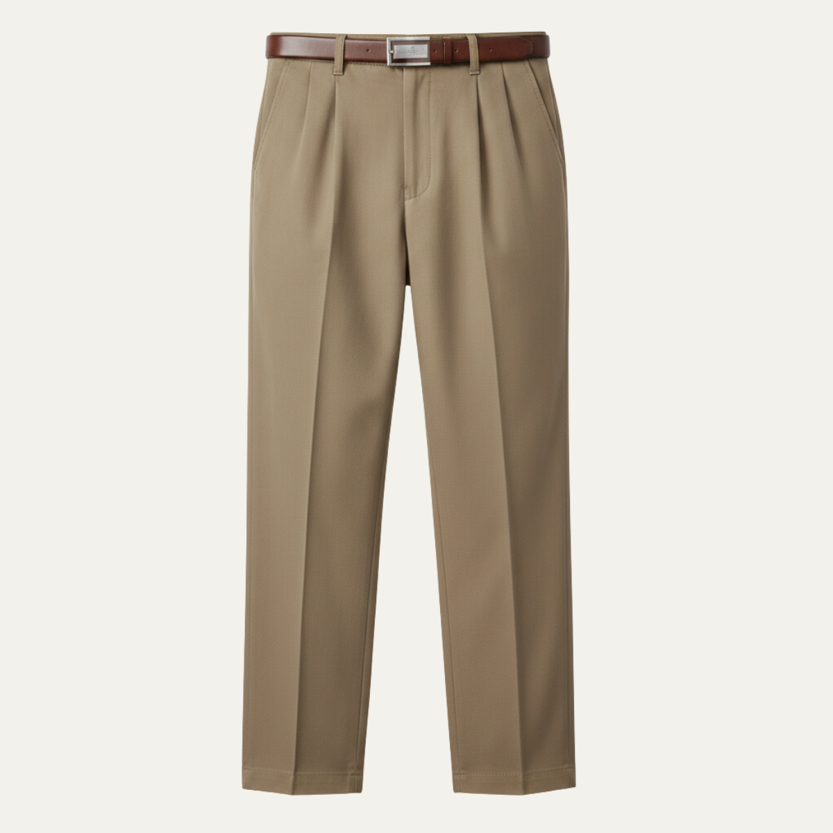 Men's double-pleated high-waist straight-leg pants in dark khaki, belt loops, button fly