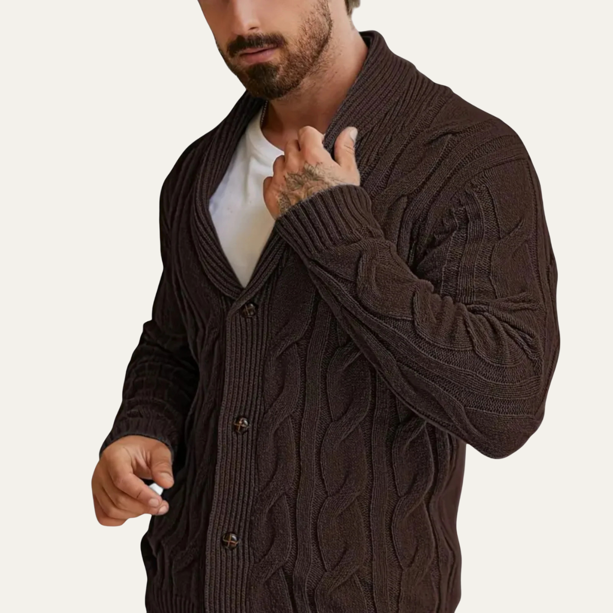 Men's brown cable knit cardigan, V-neck button front with geometric cable pattern.