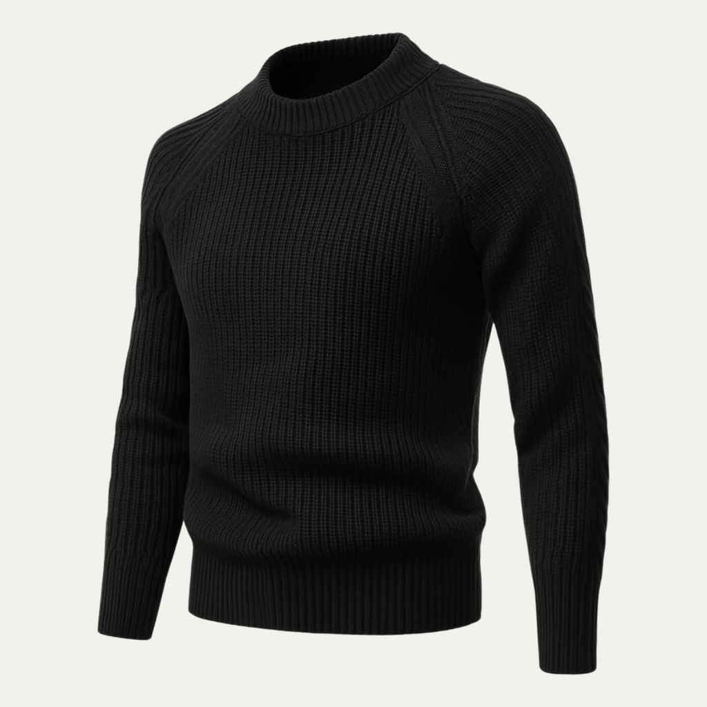 Men's black cashmere crewneck sweater, textured knit with raglan sleeves