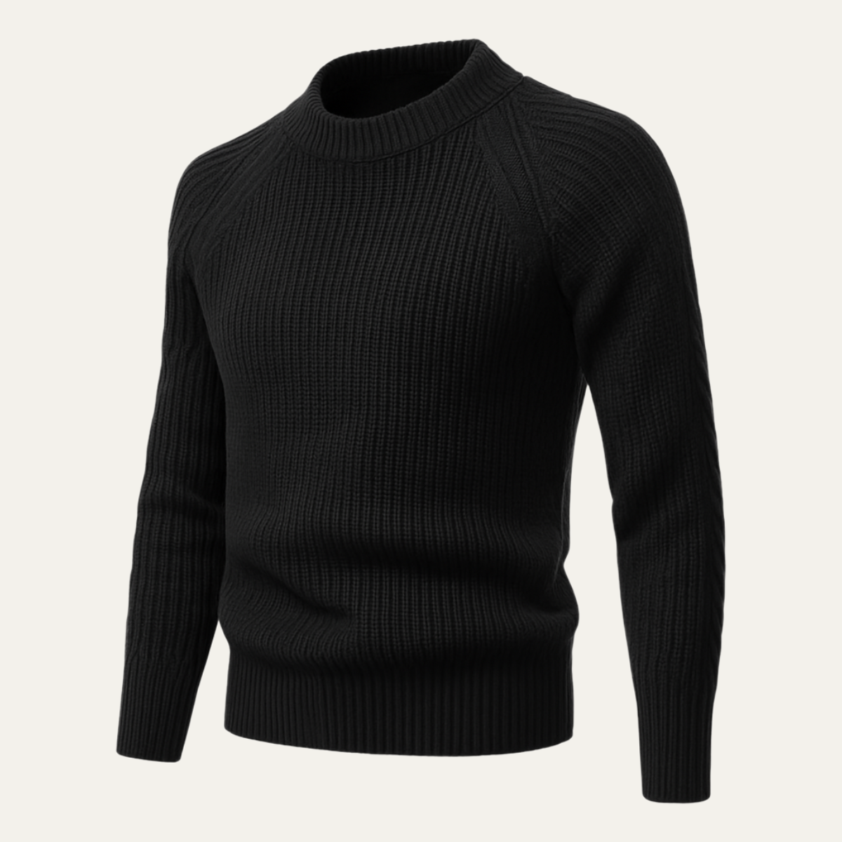 Men's black cashmere crewneck sweater, textured knit with raglan sleeves