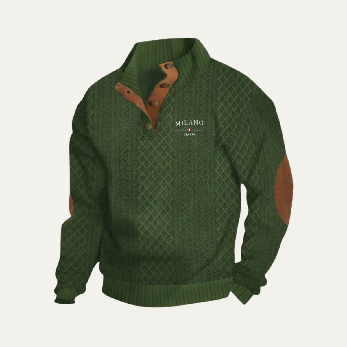 Men's quarter-zip knit sweater in green with tan elbow patches and ribbed knit trim