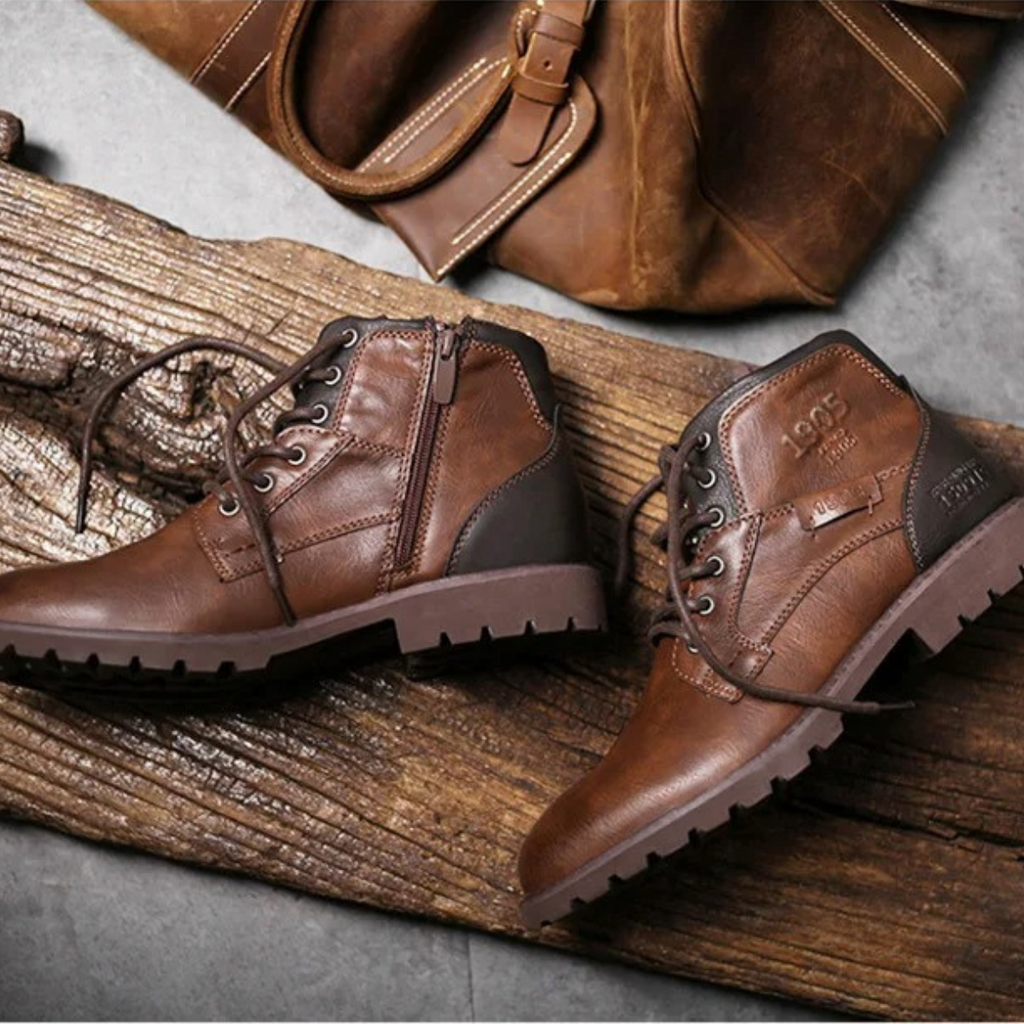 Brown leather combat boots with lace-up front and treaded rubber outsole